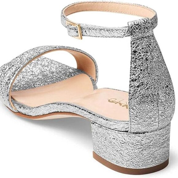 Size 13 XYD open toe low heel chunky block sandals buckled ankle silver - Picture 6 of 16